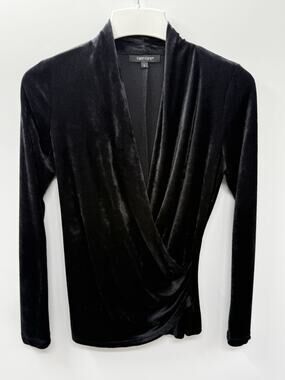 Karen Kane Black Velvet Surplice Top Womens Large Draped Long Sleeve Stretch